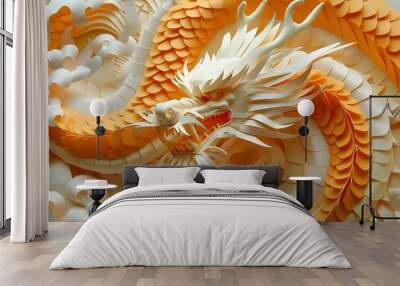 A paper-cut artwork of a dragon with orange and white scales Wall mural