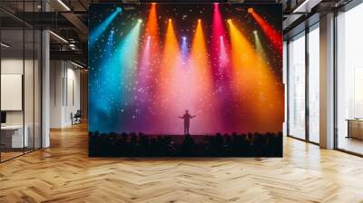 a performer stands on a stage with a colorful light show in the background Wall mural