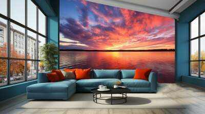 A vivid sunset over a calm lake Wall mural