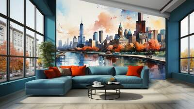 a watercolor big city skyline Wall mural