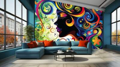 Abstract Colorful Illustration of a Woman with Floral Designs Wall mural