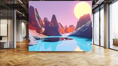 Abstract Mountain Landscape with Large Sun Wall mural