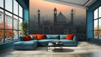 Aerial View of Badshahi Mosque in Lahore, Pakistan During Sunset Wall mural