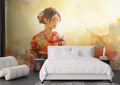 An illustration of a Japanese woman wearing a kimono Wall mural