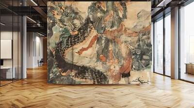 Ancient Chinese Painting of Man Fighting Dragon Wall mural