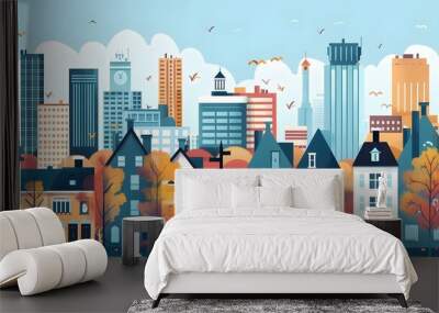 Autumn Cityscape with Buildings and Trees Wall mural