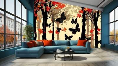 Autumn Forest Silhouette With Black Butterflies Wall mural