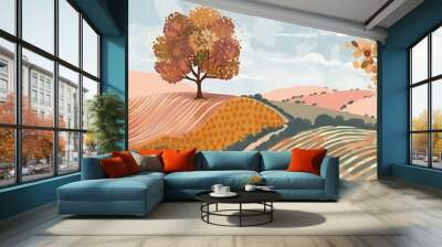 Autumn Landscape Illustration with Tree on Hill and Striped Fields Wall mural