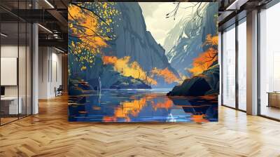 Autumn Landscape With Canyon and Lake Wall mural