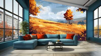 Autumn Landscape with Golden Trees and Grass Wall mural