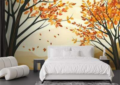 Autumn Landscape With Two Trees And Falling Leaves Wall mural