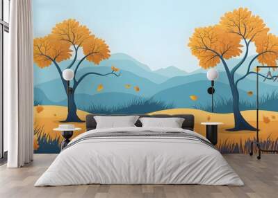 Autumn Landscape With Two Trees and Mountain Background Wall mural