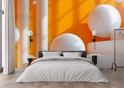 b'3D rendering of a surreal geometric space with floating spheres and a podium' Wall mural