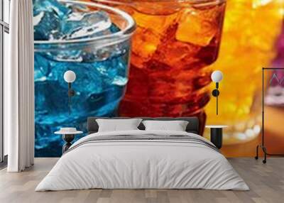 b'Four glasses of colorful soda on a bar counter' Wall mural