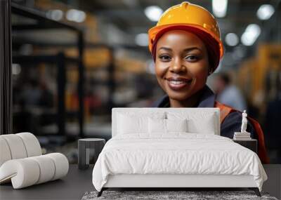 b'Portrait of a smiling female factory worker wearing a hard hat' Wall mural