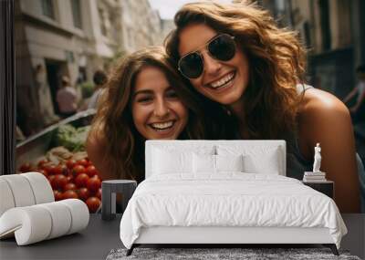 b'Two young women smiling in front of a market stall' Wall mural