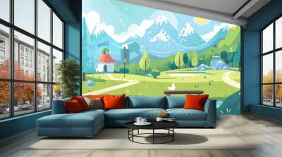 Beautiful Cartoon Illustration of a Mountain Landscape with a Bench, Trees, and a River Wall mural