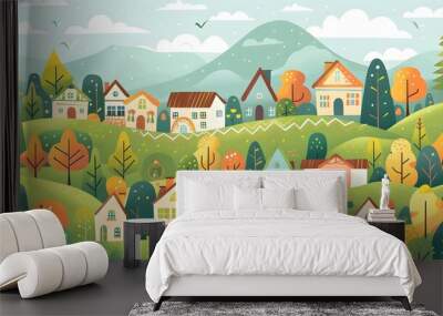 Beautiful Cartoon Village Illustration with Green Grass and Colorful Houses Wall mural