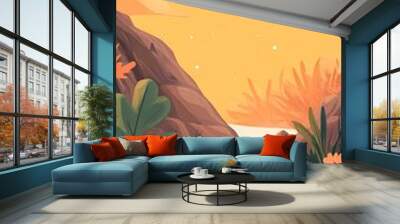 Beautiful Landscape Painting with Orange Flowers, Green Leaves, and a White Moon in a Yellow Sky Wall mural