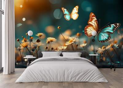 blossoming sakura. branch of blossoming sakura and bright blue morpho butterfly Wall mural