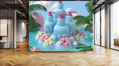 Blue Bottles with Flowers and Palm Trees Illustration Wall mural