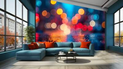 Blurred colorful city lights reflecting on wet asphalt at night Wall mural