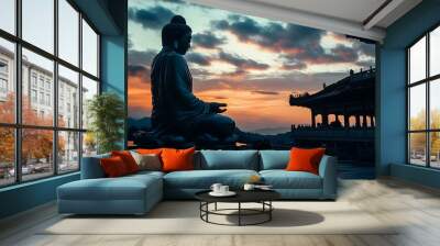 Buddha Statue at Sunset with Temple in Background Wall mural