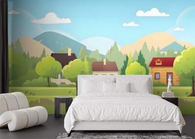 Cartoon Illustration of Houses in a Green Meadow Wall mural