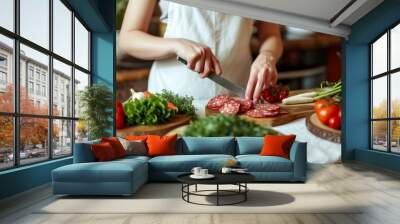 Caucasian woman in white apron slicing salami on a wooden board in the kitchen Wall mural