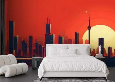 Cityscape Silhouette with Red Sunset Wall mural