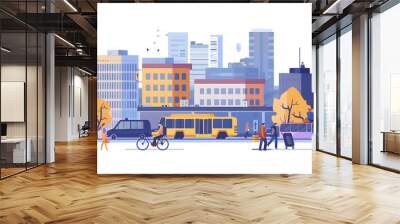 Cityscape with Bus Stop Illustration Wall mural