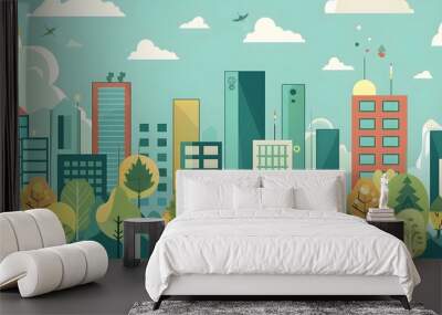 Cityscape with Green Trees and Buildings Wall mural