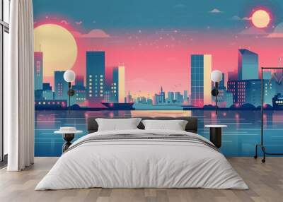 Cityscape with Sunset and River Reflection Wall mural