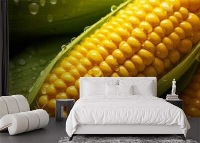 Close-up of fresh corn on the cob with water drops Wall mural