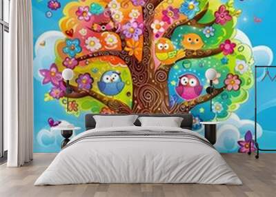 Colorful Cartoon Tree With Birds And Flowers Wall mural