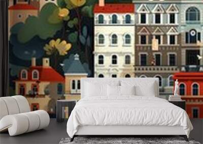 Colorful Cityscape Illustration of European City Wall mural