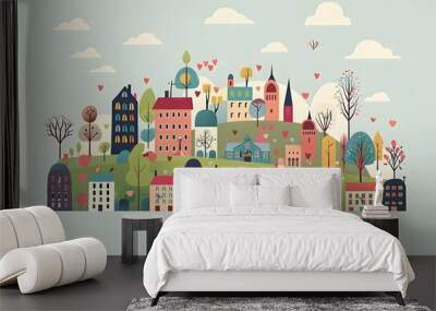 Colorful Illustration of a Small Town with Hearts and Trees Wall mural