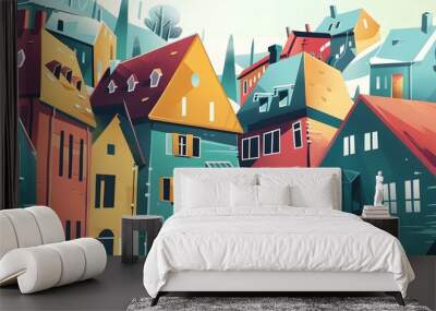 Colorful Illustration of Cityscape with Houses and Buildings Wall mural