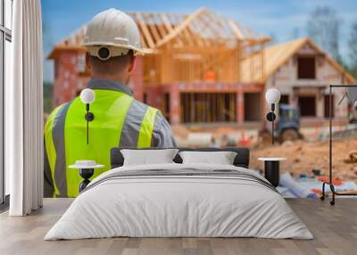 construction worker wearing hard hat and safety vest at residential building construction site Wall mural