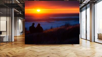 Couple Silhouettes Watching Sunset Over the Ocean Wall mural