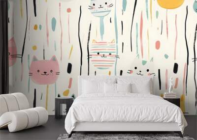 Cute Cartoon Cat Pattern Seamless Background Wall mural