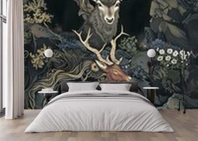 Dark Forest with Two Deer Illustration Wall mural