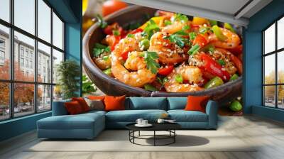 delicious food photography of stir fried shrimp with vegetables Wall mural