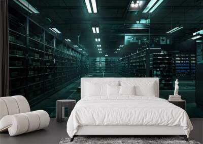 Empty Warehouse With Shelving Units And Green Tiled Floor Wall mural