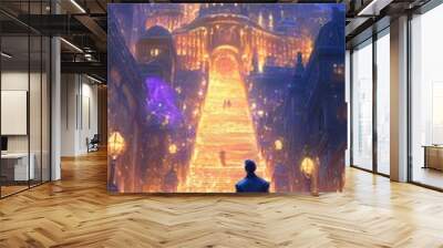 Fantasy Cityscape with Father and Son Looking at Illuminated Stairway to Heaven Wall mural