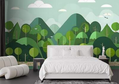 Flat Design Illustration of Green Nature Landscape with Waterfall and Mountains Wall mural