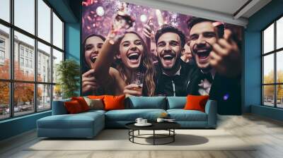 Friends Celebrate New Year Eve With Sparklers And Champagne Wall mural