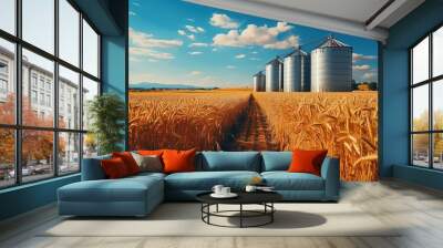 Golden wheat field and grain silos under blue sky Wall mural