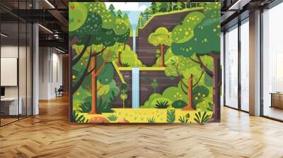 Green Forest Waterfall Landscape Illustration Wall mural