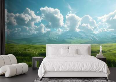 Green Grass Field With Mountains In The Distance Wall mural